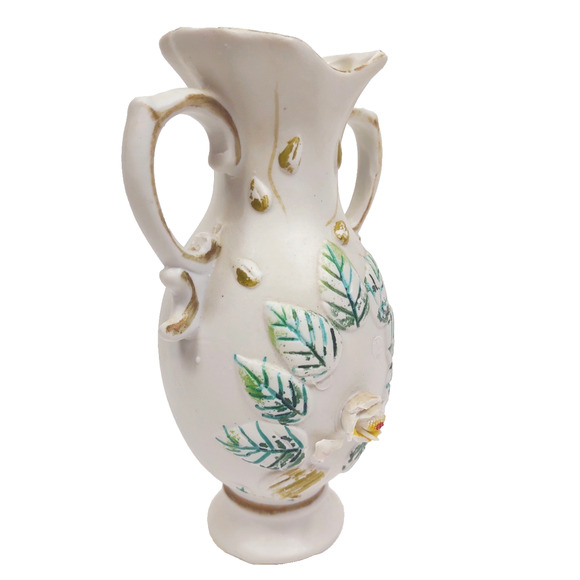Vintage Bisque Porcelain Handled Raised Flower Vase 7" Hand Painted Gold Trim - Picture 9 of 9